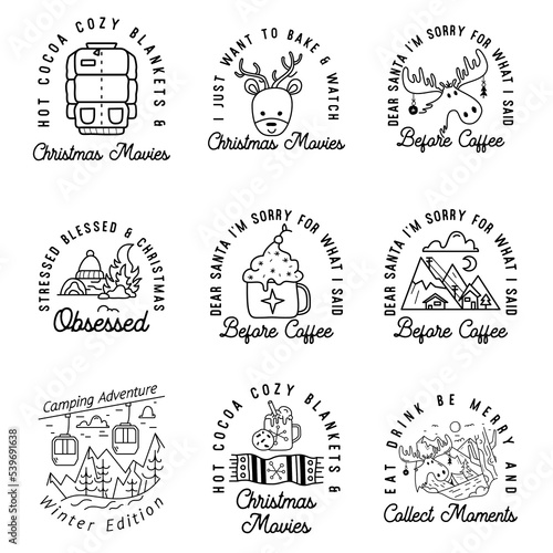 Camping christmas badges set in line art style. Travel adventure with winter landscape, holidays elements. Stock vector logo label with quotes - I am a happy camper at Christmas