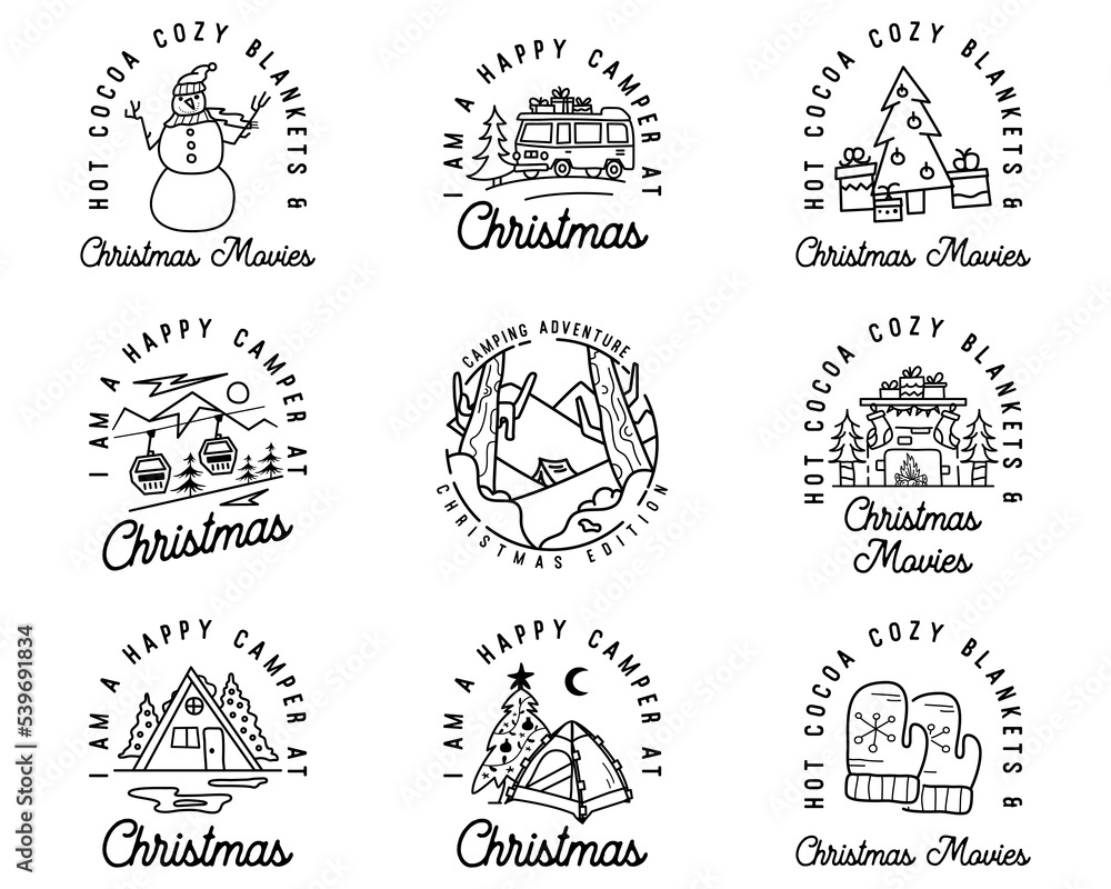 Camping and hiking christmas badges set in line art style. Travel t shirt graphics with winter landscape, holidays elements. Stock vector logo label with quotes - happy camper at Christmas