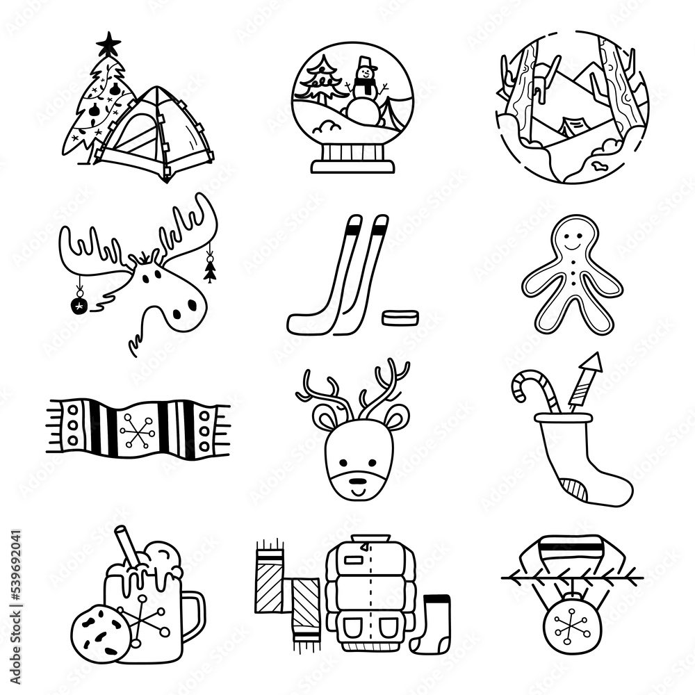 Fototapeta premium Christmas camping icons and elements in line art style. Silhouette travel symbols icluding moose, holiday socks, christmas trees. Stock vector graphics