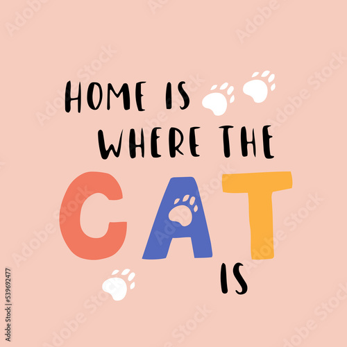 Cat phrase colorful poster. Inspirational quotes about cat, and domestical pets. Hand written phrases for poster, cat adoption lettering. Adopt a cat.