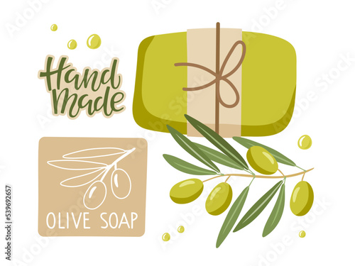 Handmade olive soap piece tied with twine and Handmade soap labels for advertising, stores, sales. Natural soap with olive. Green branche with fruits. Cartoon vector illustration on white background.