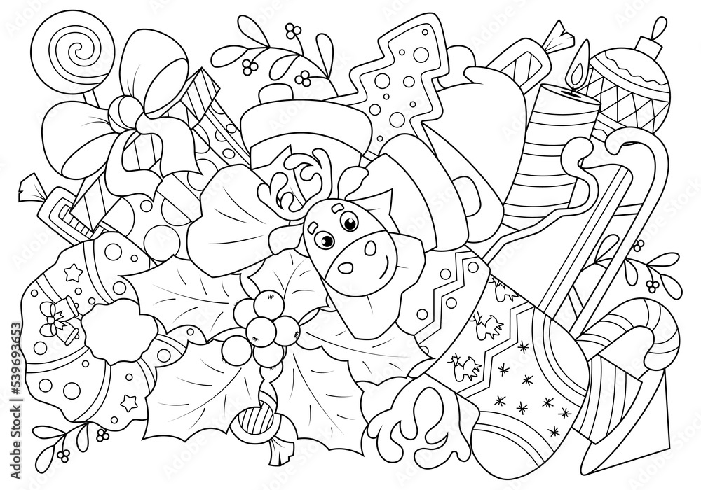 Doodle coloring for children on the theme of Christmas. Funny elements of New Year holidays. Vector illustration