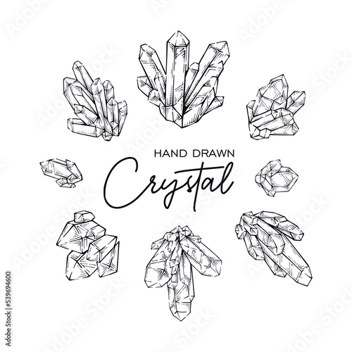 Collection of detailed crystal quartz mineral hand drawn outline gemstone set illustration drawing sketch