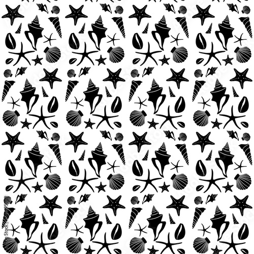 Boho seamless pattern with monochrome conch shells and sea stars on white background.