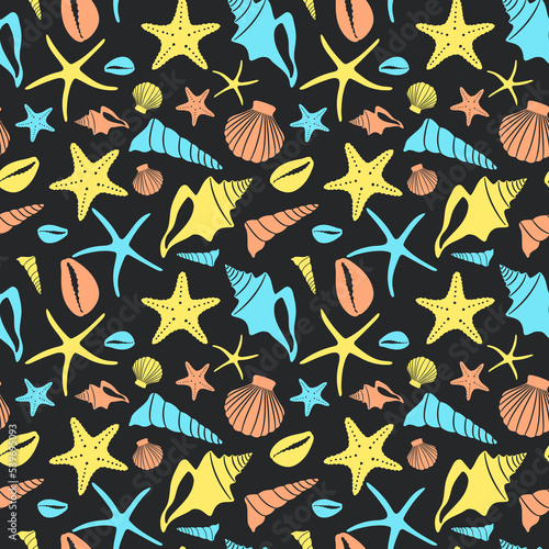 Boho seamless pattern with conch shells and sea stars on black background.