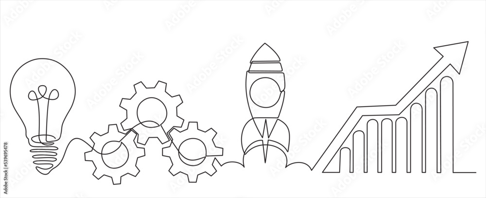 continuous line drawing of gears, lights idea and Rocket launch, ship.Continuous line drawing. Startup business. Vector illustration. Isolated on white background. 