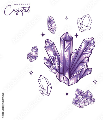 Awesome amethyst quartz crystall hand drawn illustration purple gemstone vector