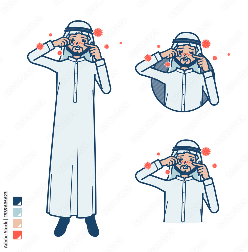 白い衣装を着たアラビア人男性が花粉アレルギーに苦しんでいるイラスト 白い衣装を着たアラビア人男性が花粉アレルギーに苦しんでいるイラスト