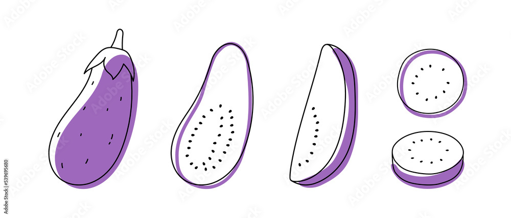 Set of doodle outline eggplant with spots. Whole and pieces. Set of doodle outline eggplant with spots. Whole and pieces.