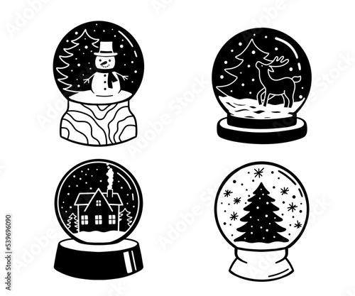 Winter glass snowglobe with snowman and christmas tree. Vector glyph illustrations isolated on white. Set of monochrome holiday simbols