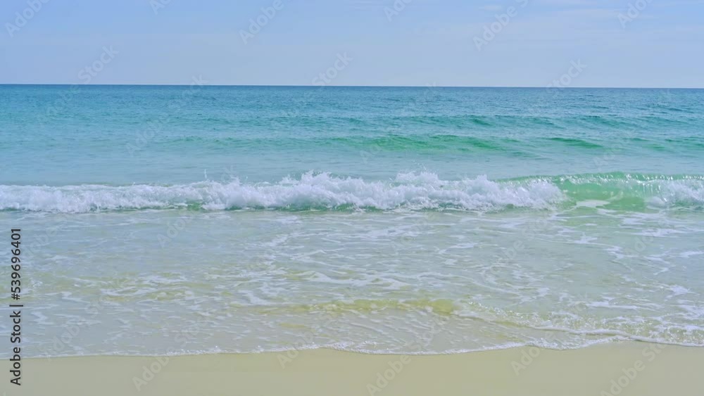Dog playing with ball on Pensacola beach on white sands and clear emerald waters on a hot Sunny day with clear sky woman and man playing with a dog