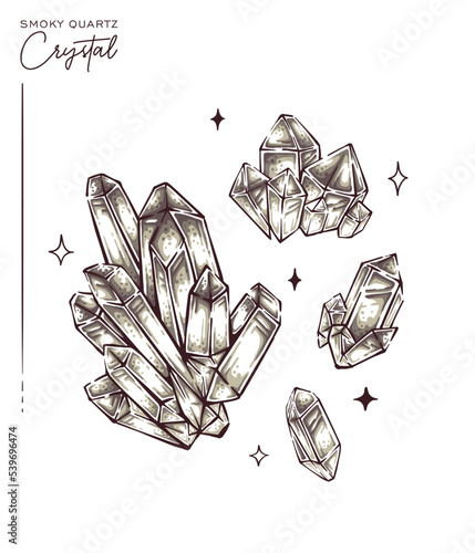 Hand drawn smoky quartz crystal illustration vector mineral gemstone drawing collection