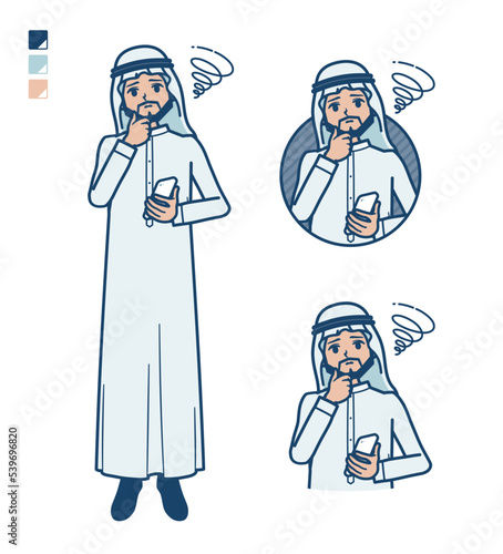 白い衣装を着たアラビア人男性がスマートフォンを持ち困っているイラスト