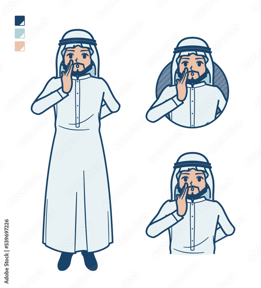 白い衣装を着たアラビア人男性が小声でささやいているイラスト 白い衣装を着たアラビア人男性が小声でささやいているイラスト