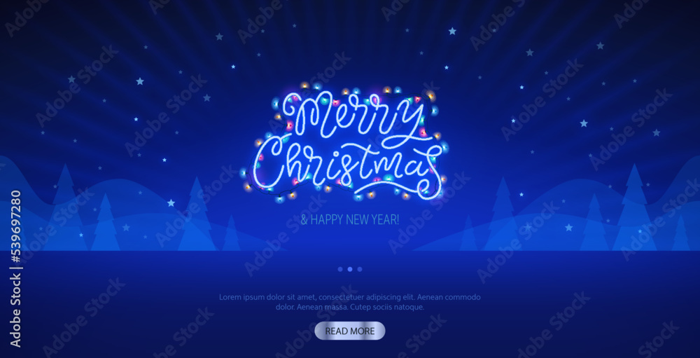 Merry Christmas Blue Neon Lettering Template