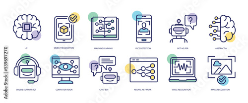 Set of linear icons with AI concept in purple, yellow on blue colors. Icons represent the part, functions and principle of operation of artificial intelligence. Vector illustration.