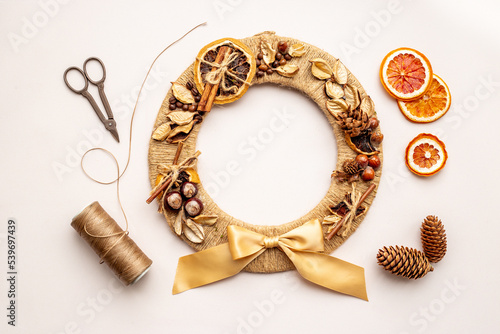 Christmas wreath top view. Winter holidays decoration