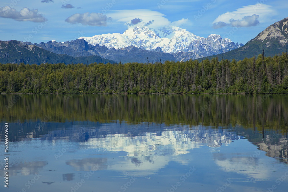 View of Byers Lake and Denali in Denali National Park and Preserve,Alaska,United States,North America
