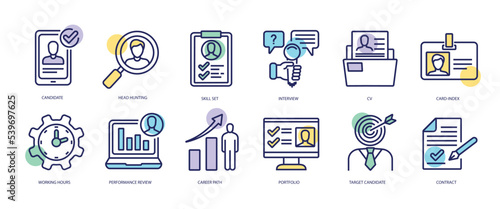 Set of linear icons with Head hunting concept in purple, yellow on blue colors. Icons represent the search for new people, the selection of candidates, professional development. Vector illustration.