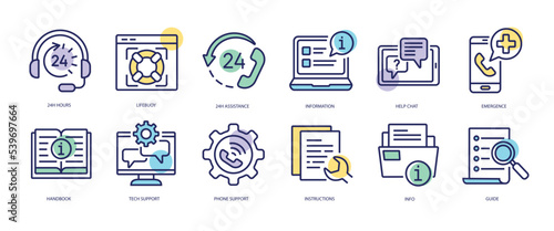 Set of linear icons with Help and Support concept in purple, yellow on blue colors. 12 icons with all types of technical support available. Vector illustration.
