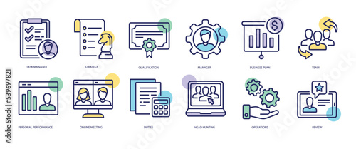 Set of linear icons with Manager concept in purple, yellow on blue colors. Attributes of a good manager and everything he needs are depicted. Vector illustration.