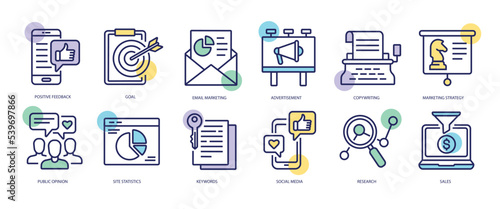 Set of linear icons with Marketing concept in purple, yellow on blue colors. Image of main functions and attributes of marketing. Vector illustration.