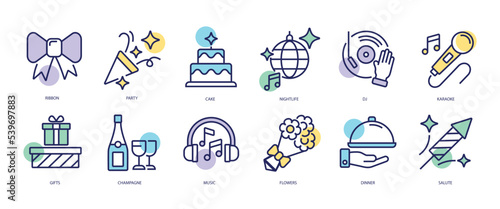 Set of linear icons with Party concept in purple  yellow on blue colors. Icons depict the components that should be at every party. Vector illustration.