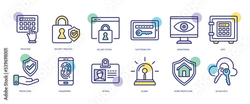 Set of linear icons with Security concept in purple, yellow on blue colors. Means of protection of territories, houses and people. Vector illustration.