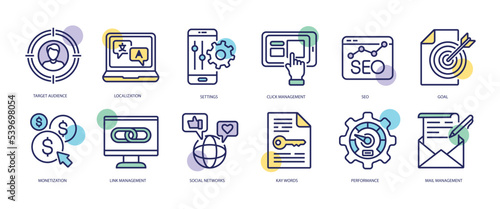 Set of linear icons with SEO concept in purple, yellow on blue colors. Icons depict the functional purpose of the SEO industry. Vector illustration.