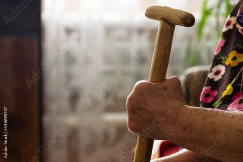 old woman with a stick, stick in hand, old hand, oldness, pensioner, grandmother at home
