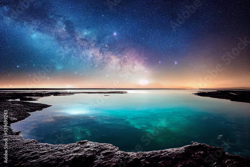 Below the water is a robust tidepool with lots of and and and   above the water is the milky way galaxy above a crystalline lake  photo realistic 3d render.