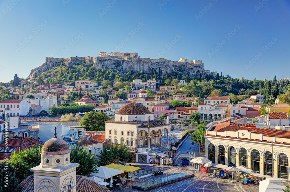 The Monastiraki Square of Athens with Plaka and Acropolis, Greece