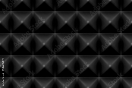 Black acoustic sound proof pyramid foam seamless pattern. Texture of wall of music recording studio. Polyurethane insulation material. Abstract background. Vector illustration