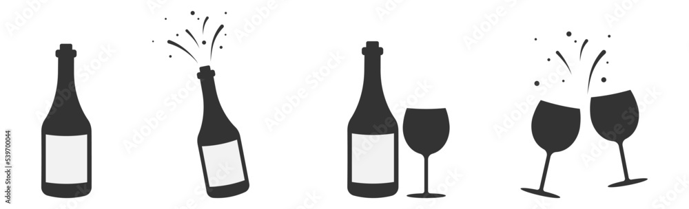 Set of champagne bottle and glasses black silhouette icons. Simple vector illustration. Set of champagne bottle and glasses black silhouette icons. Simple vector illustration.
