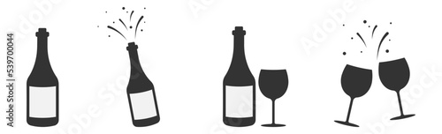Set of champagne bottle and  glasses black silhouette icons. Simple vector illustration.