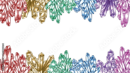 Colorful drawing of crystal quartz frame collection mineral hand drawn background. Amethyst, light rose, ruby, smoky quartz, emerald, sapphire set frame banner 