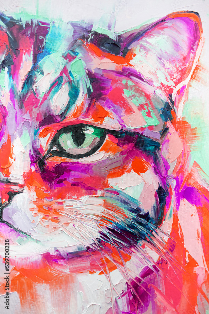 Oil cat portrait painting in multicolored tones. Conceptual abstract painting. Closeup painting oil and palette knife on canvas.