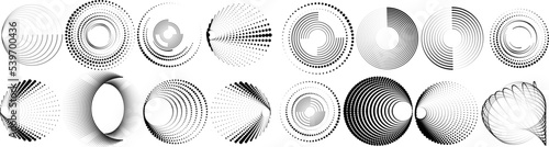 Abstract geometric circles with halftone  dots. Vector rotating dotted Line Design . Transparent design element . Concentric circles logo set .Minimal art 