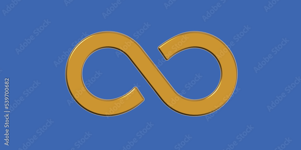 The sign of infinity is golden, isolated on a Azure Blue background. Symbol of infinity. Horizontal image. Banner for insertion into site. Place for text cope space. 3D image. 3D rendering. The sign of infinity is golden, isolated on a Azure Blue background. Symbol of infinity. Horizontal image. Banner for insertion into site. Place for text cope space. 3D image. 3D rendering.