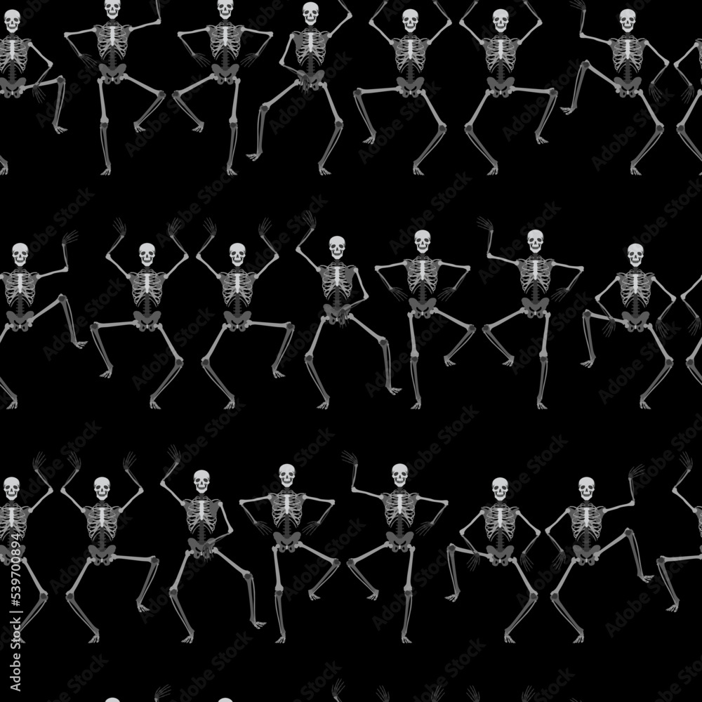 Dancing skeletons on a black background. Seamless background for fabrics, textiles, packaging and wallpaper. Retro Horror and Anatomy concept for Halloween. Vector image.