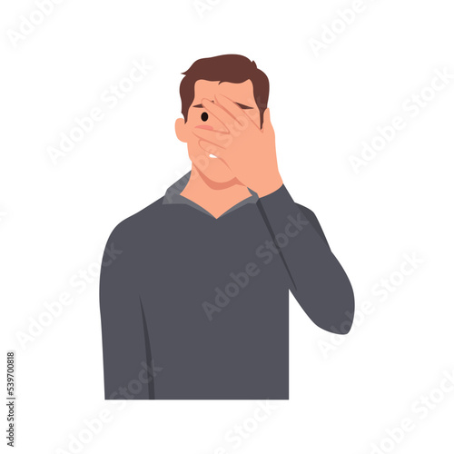 Young man disappointed man with facepalm gesture, feeling shame. Person with hand at forehead regret fail. Flat vector illustration isolated on white background