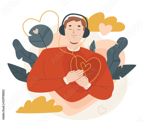 Happy young man in headphones listening his own heart. Love yourself, self care, self acceptance concept. Hand drawn vector colorful cartoon style illustration