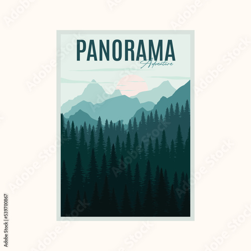adventure forest vintage poster illustration design, panorama of mountain wild nature design