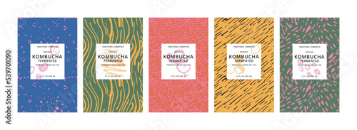Vector set illustration design labels for kombucha with contemporary brushstroke seamless patterns.