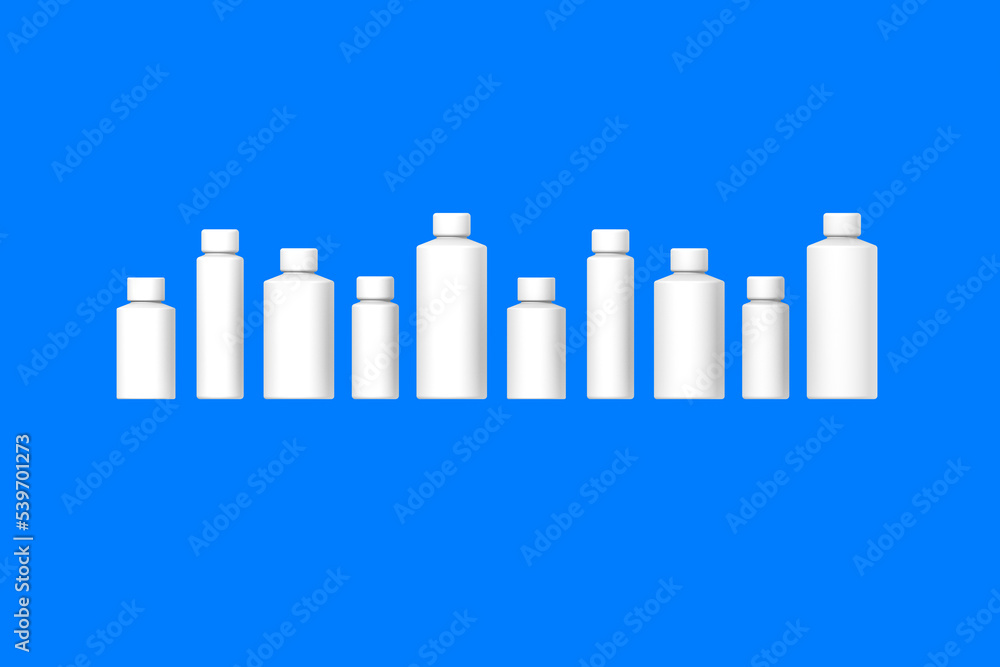 White cosmetic bottles isolated on blue background. Packaging of cosmetics. Ten containers for cosmetics. Horizontal image. 3d image. 3D visualization. White cosmetic bottles isolated on blue background. Packaging of cosmetics. Ten containers for cosmetics. Horizontal image. 3d image. 3D visualization.