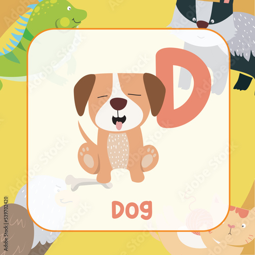 Animals alphabet flashcard for toddlers. Learning card introducing letters to children through game card. Cute animal vector design. 
