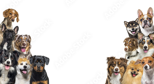 Large group of happy dogs looking at the camera, isolated on white