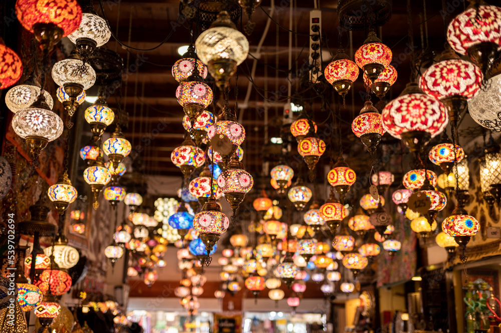 many Arabic crystal lamps with hundreds of colored crystals