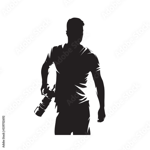 Photographer with camera, abstract man isolated vector silhouette, front view. Ink drawing