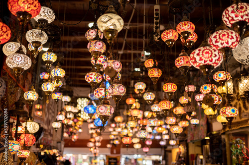 many Arabic crystal lamps with hundreds of colored crystals © lancho